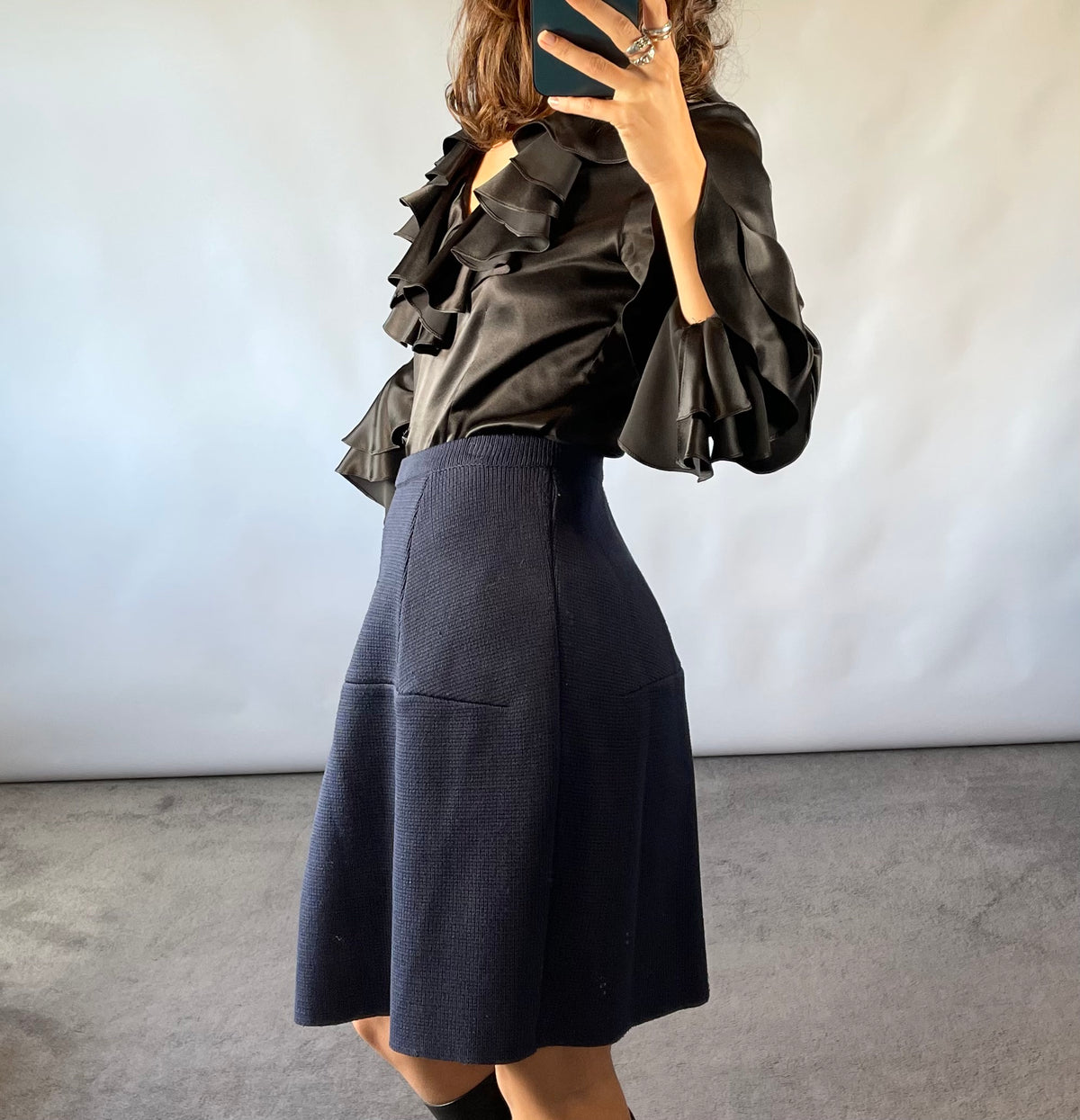 Marni Navy Textured Knit A-Line Skirt with Contrast Back Zip