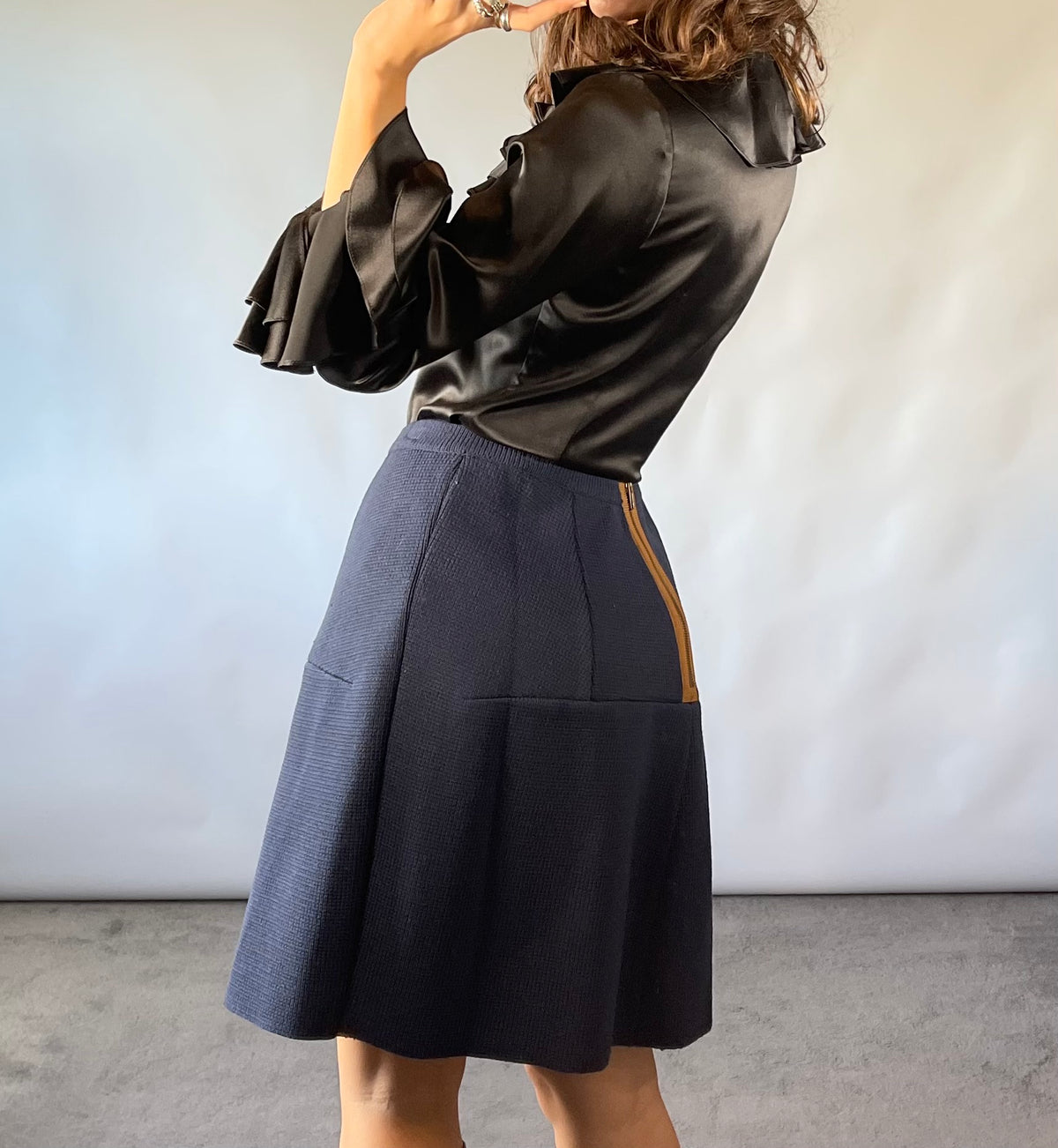 Marni Navy Textured Knit A-Line Skirt with Contrast Back Zip