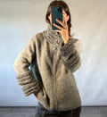 Sportmax Grey Wool and Mohair Pom Pom Zip Cardigan with Looped Collar and Cuffs