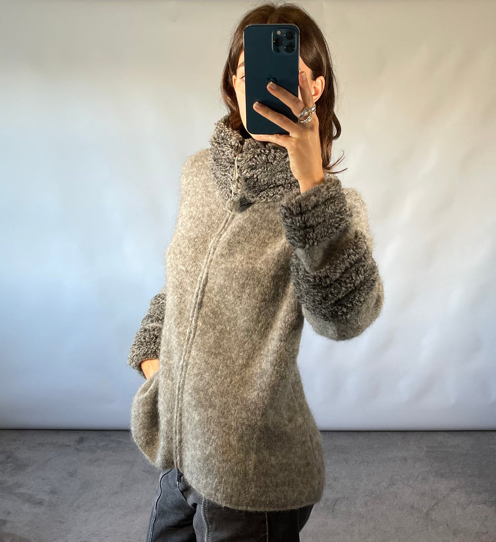 Sportmax Grey Wool and Mohair Pom Pom Zip Cardigan with Looped Collar and Cuffs