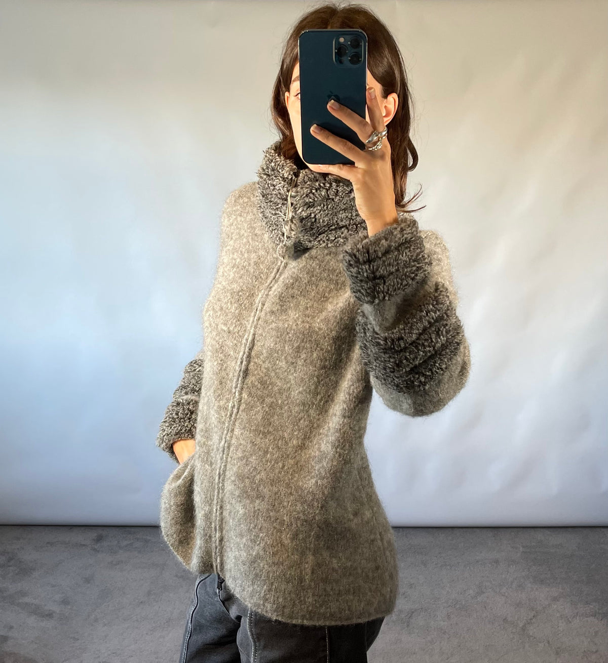 Sportmax Grey Wool and Mohair Pom Pom Zip Cardigan with Looped Collar and Cuffs