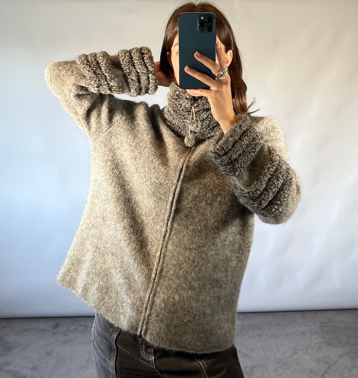 Sportmax Grey Wool and Mohair Pom Pom Zip Cardigan with Looped Collar and Cuffs