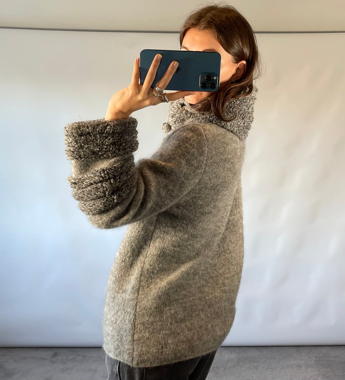 Sportmax Grey Wool and Mohair Pom Pom Zip Cardigan with Looped Collar and Cuffs