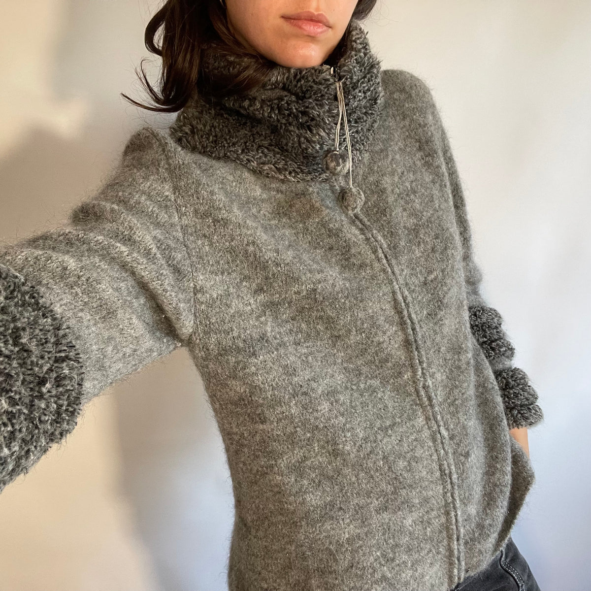 Sportmax Grey Wool and Mohair Pom Pom Zip Cardigan with Looped Collar and Cuffs