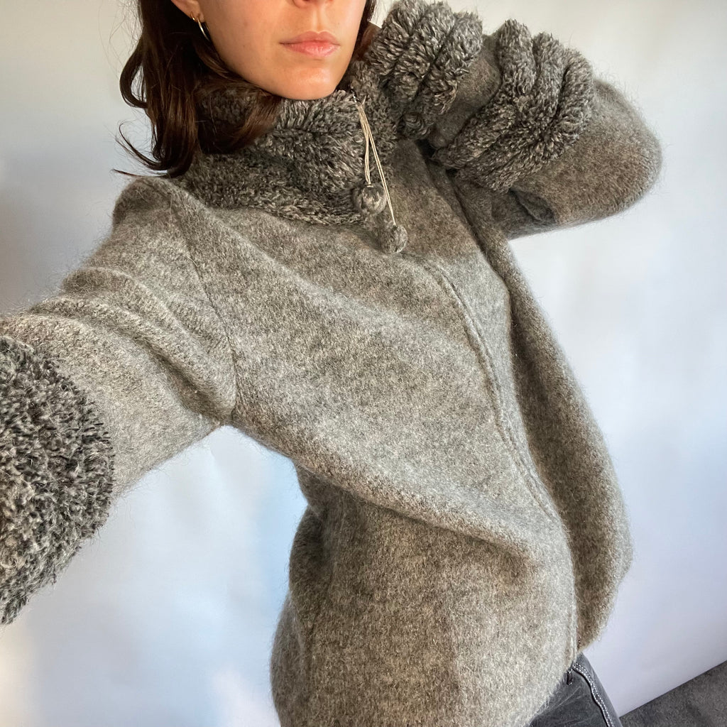 Sportmax Grey Wool and Mohair Pom Pom Zip Cardigan with Looped Collar and Cuffs