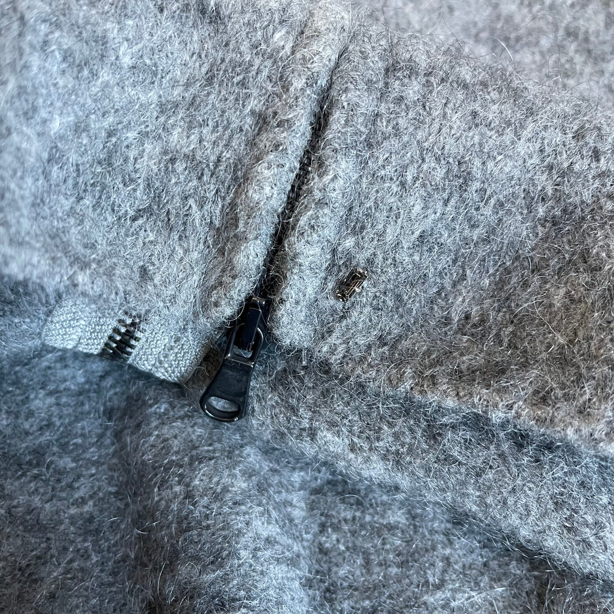 Sportmax Grey Wool and Mohair Pom Pom Zip Cardigan with Looped Collar and Cuffs