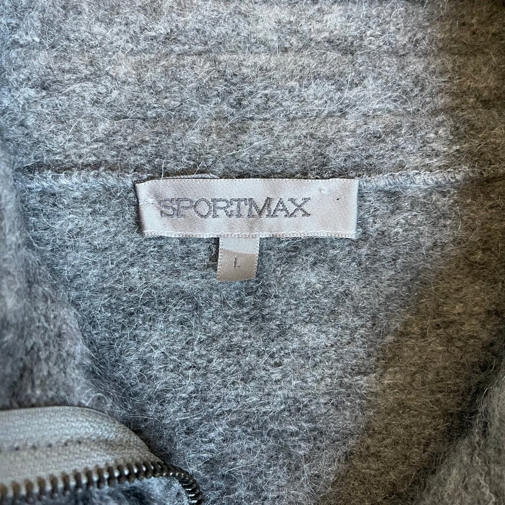Sportmax Grey Wool and Mohair Pom Pom Zip Cardigan with Looped Collar and Cuffs
