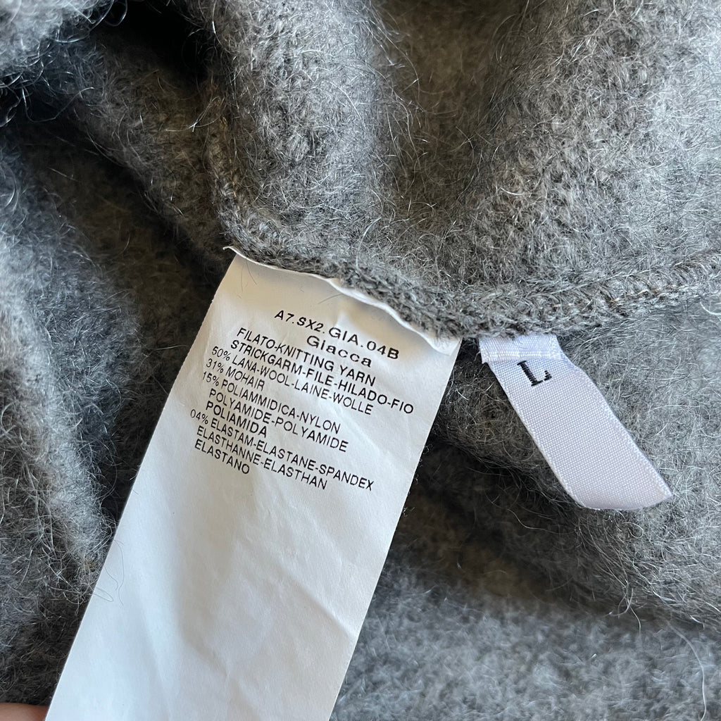 Sportmax Grey Wool and Mohair Pom Pom Zip Cardigan with Looped Collar and Cuffs