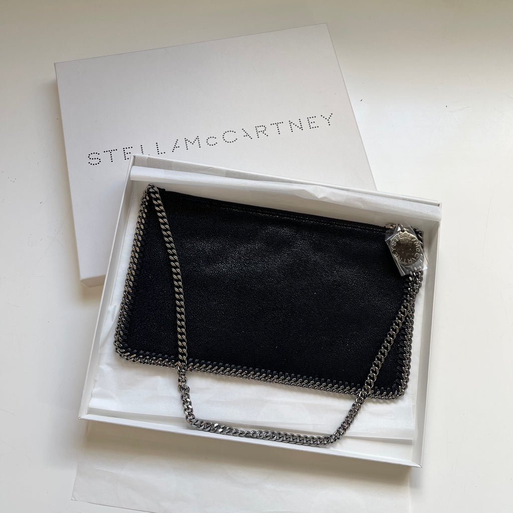 Stella McCartney Pochette Black Faux Leather Shaggy Cross Body Silver Chain Bag
