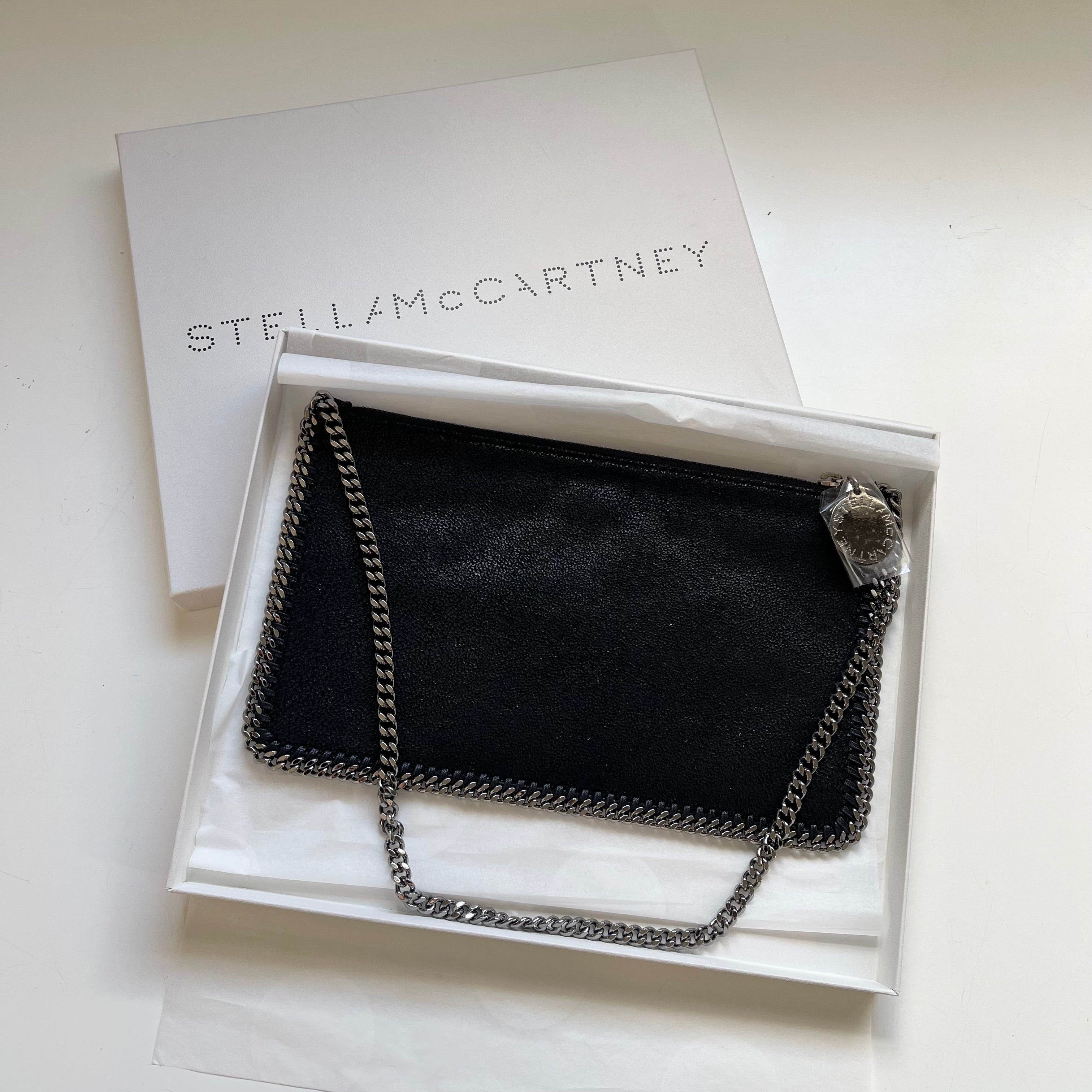 Stella McCartney Pochette Black Faux Leather Shaggy Cross Body Silver Chain Bag