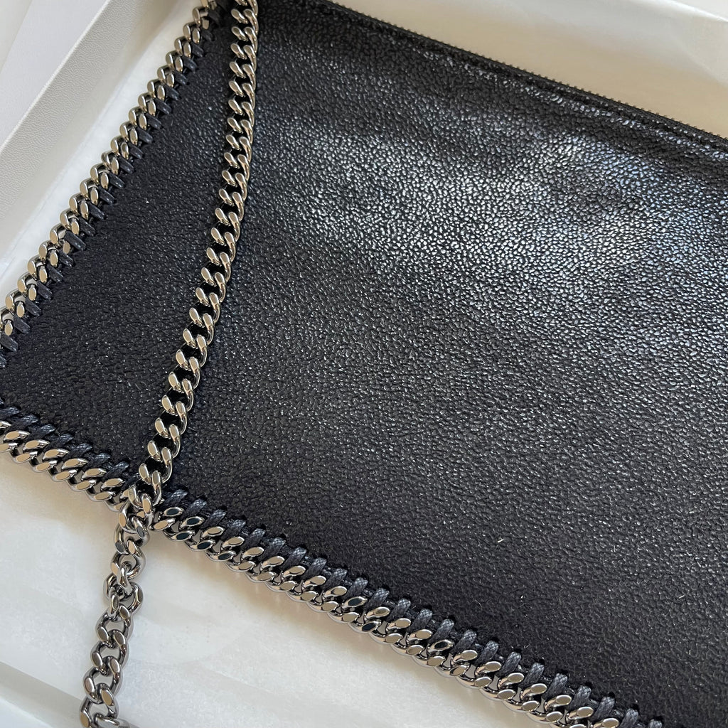 Stella McCartney Pochette Black Faux Leather Shaggy Cross Body Silver Chain Bag