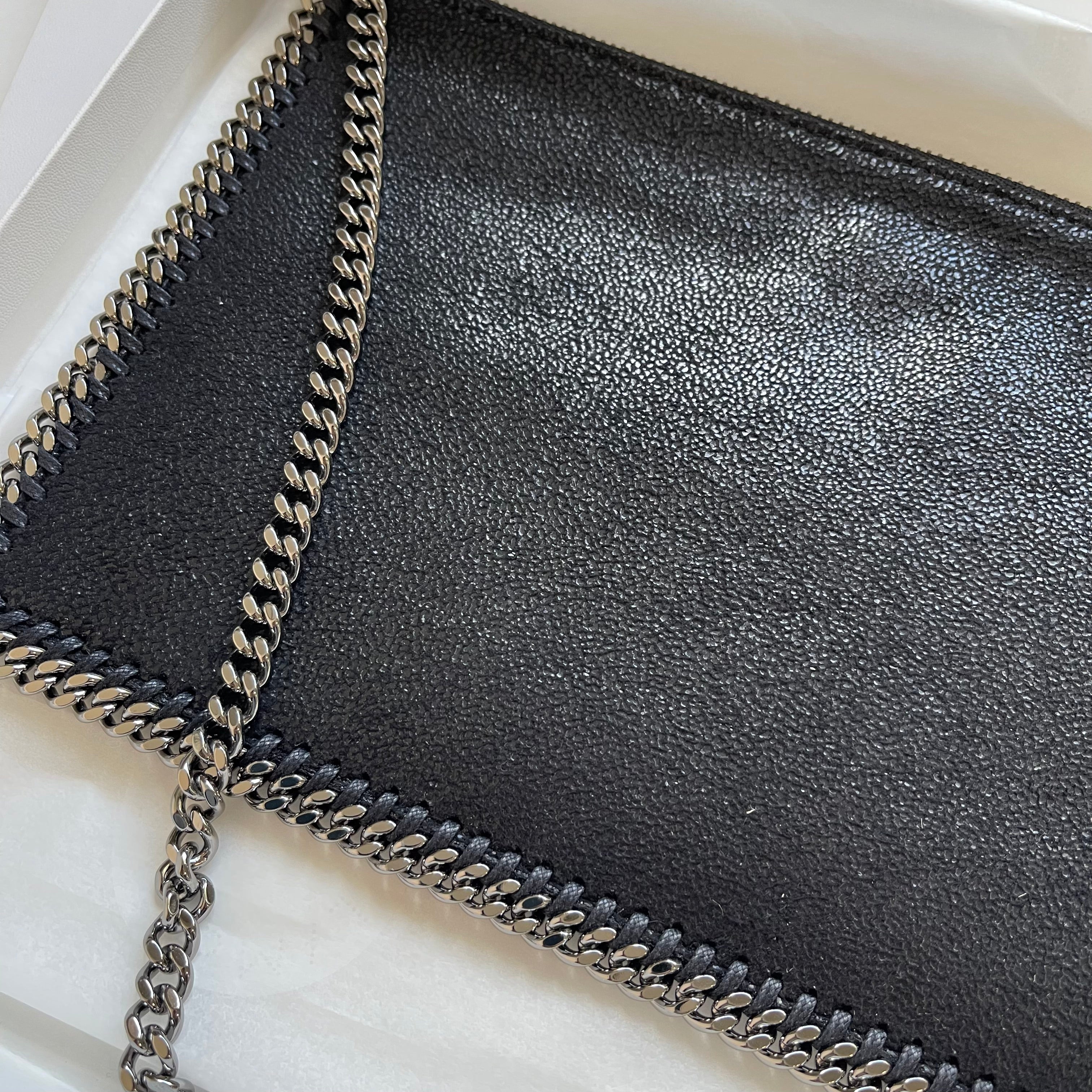 Stella McCartney Pochette Black Faux Leather Shaggy Cross Body Silver Chain Bag