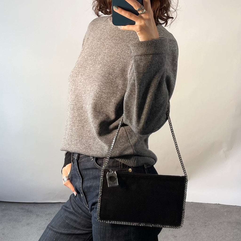 Stella McCartney Pochette Black Faux Leather Shaggy Cross Body Silver Chain Bag