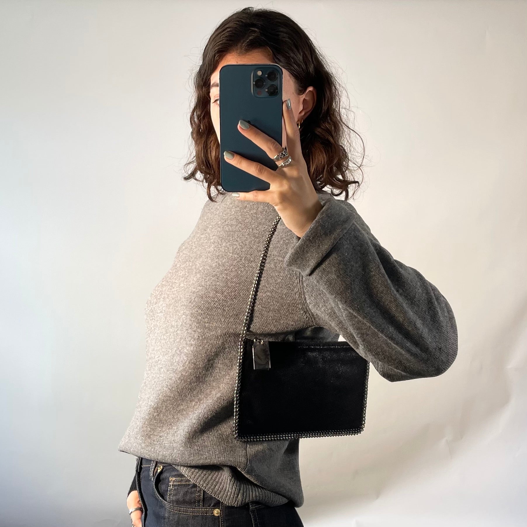 Stella McCartney Pochette Black Faux Leather Shaggy Cross Body Silver Chain Bag