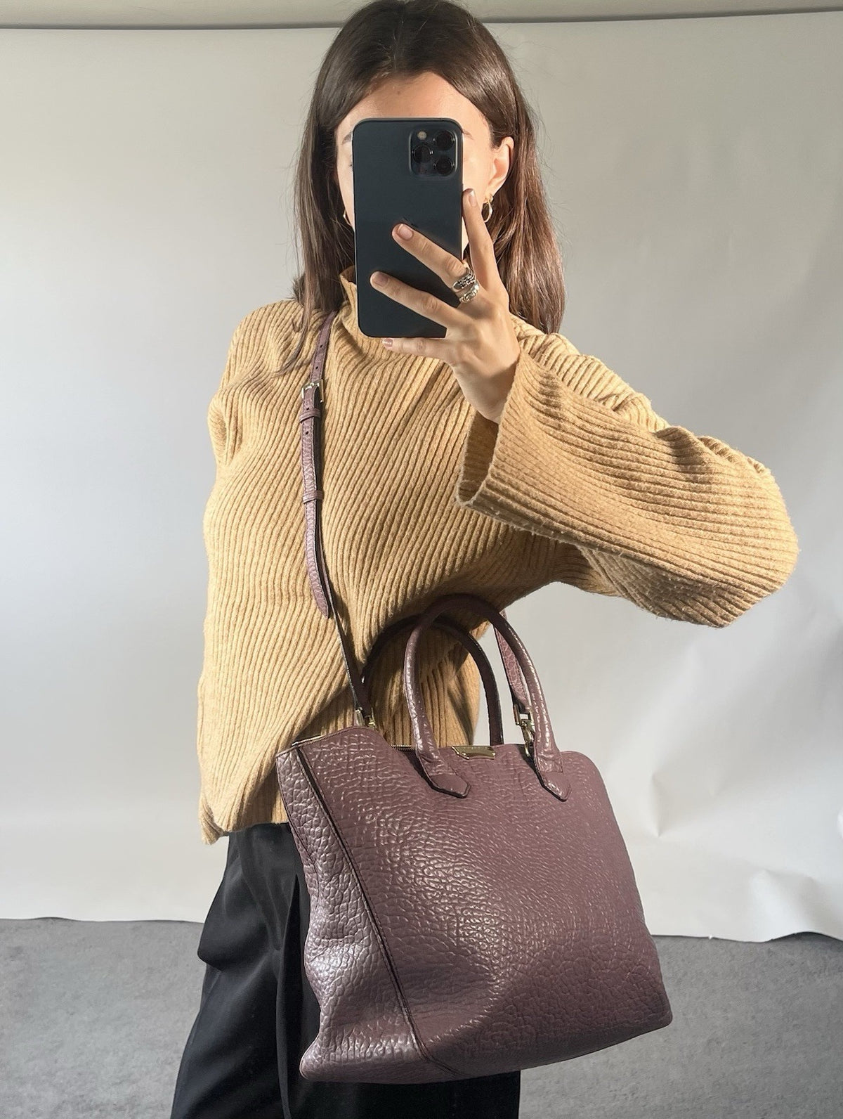 Burberry ‘Dewsbury’ Leather Handbag Grained Leather Cross Body Plum Tote Medium