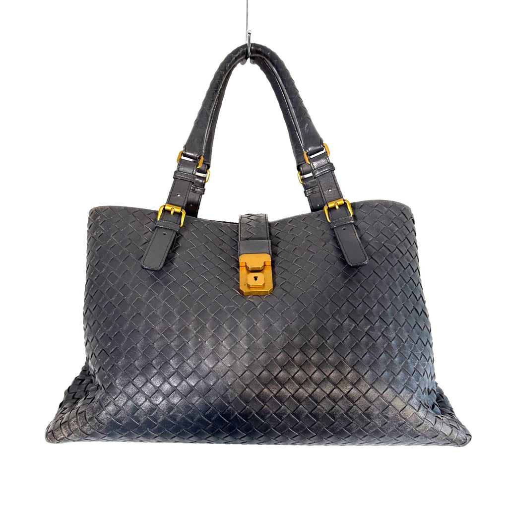 Bottega Veneta Roma Dark Grey Intrecciato Leather Medium Handbag Gold Hardware