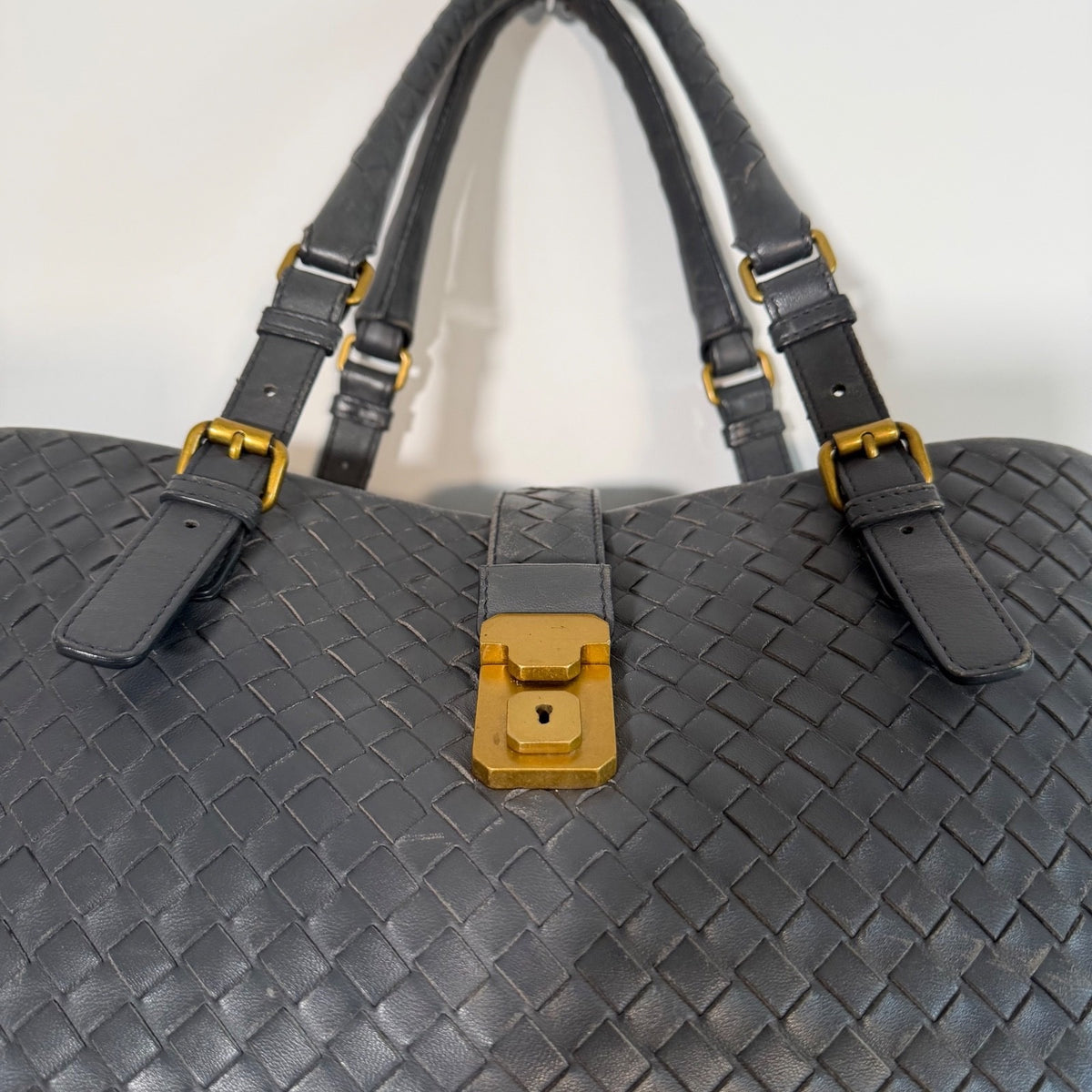 Bottega Veneta Roma Dark Grey Intrecciato Leather Medium Handbag Gold Hardware