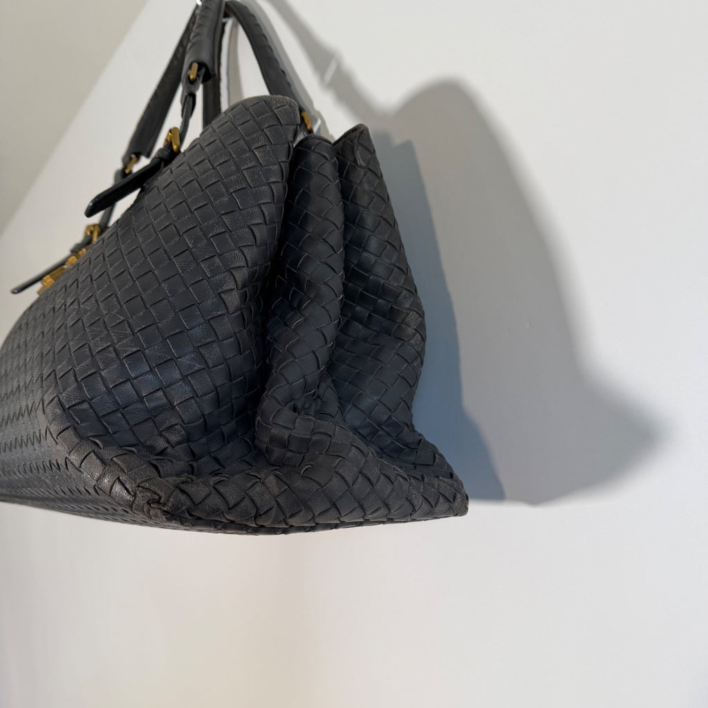 Bottega Veneta Roma Dark Grey Intrecciato Leather Medium Handbag Gold Hardware