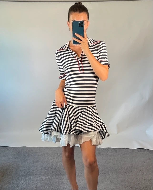 Natasha Zinko Dress UK S White Navy Stripe Jersey Mini Puffed Ruffle Lining