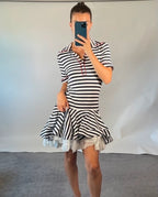 Natasha Zinko Dress UK S White Navy Stripe Jersey Mini Puffed Ruffle Lining