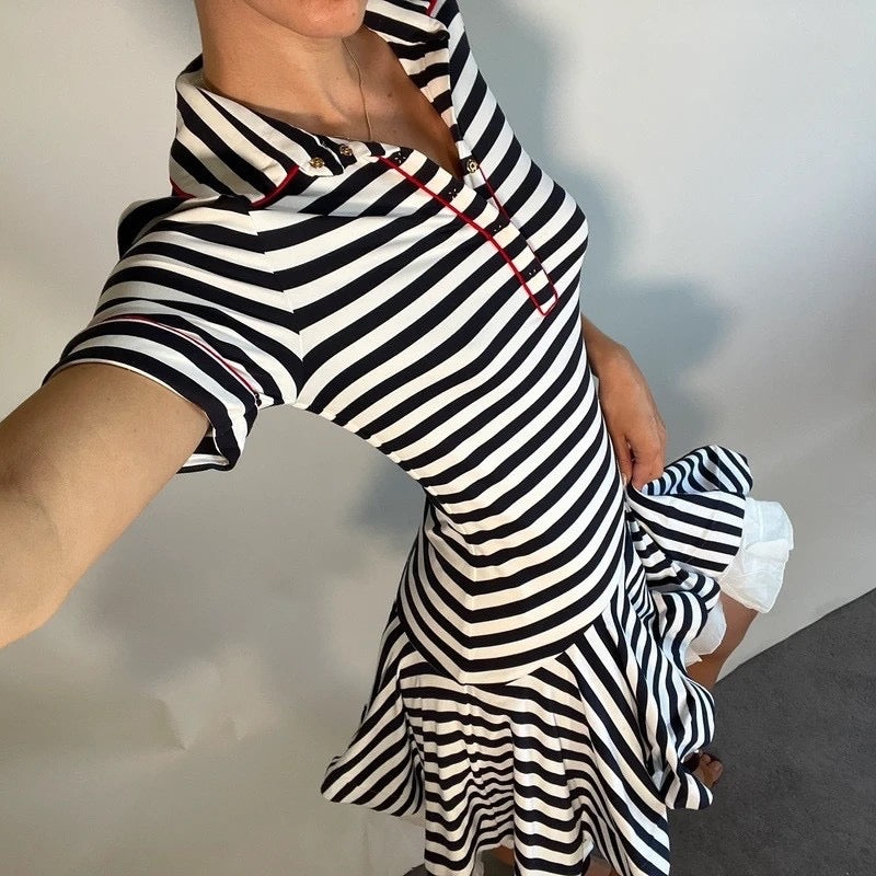 Natasha Zinko Dress UK S White Navy Stripe Jersey Mini Puffed Ruffle Lining