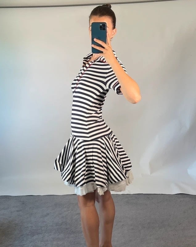 Natasha Zinko Dress UK S White Navy Stripe Jersey Mini Puffed Ruffle Lining