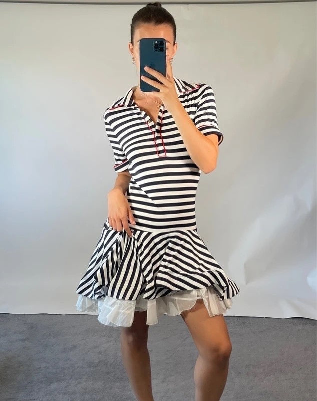 Natasha Zinko Dress UK S White Navy Stripe Jersey Mini Puffed Ruffle Lining