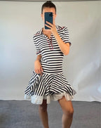 Natasha Zinko Dress UK S White Navy Stripe Jersey Mini Puffed Ruffle Lining