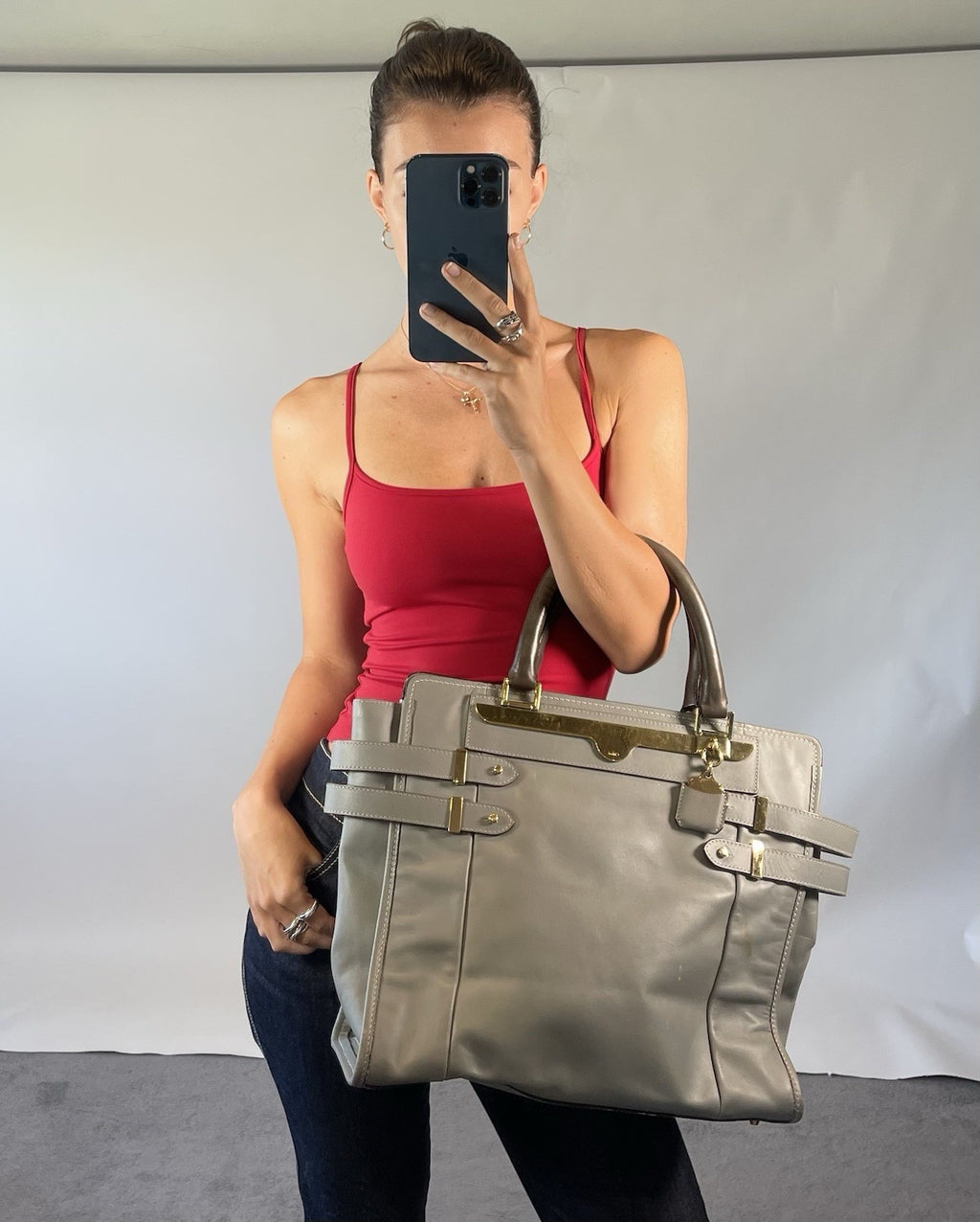 Chloe ‘Shelby’ Bag Grey Leather Tote Gold Hardware Medium Matte Y2K Handbag