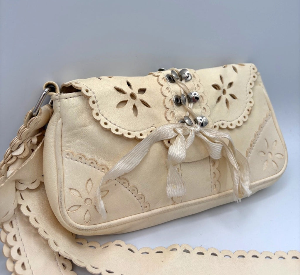 John Galliano Rare Vintage 2004 Cream Leather Clutch Wrist Strap Pochette
