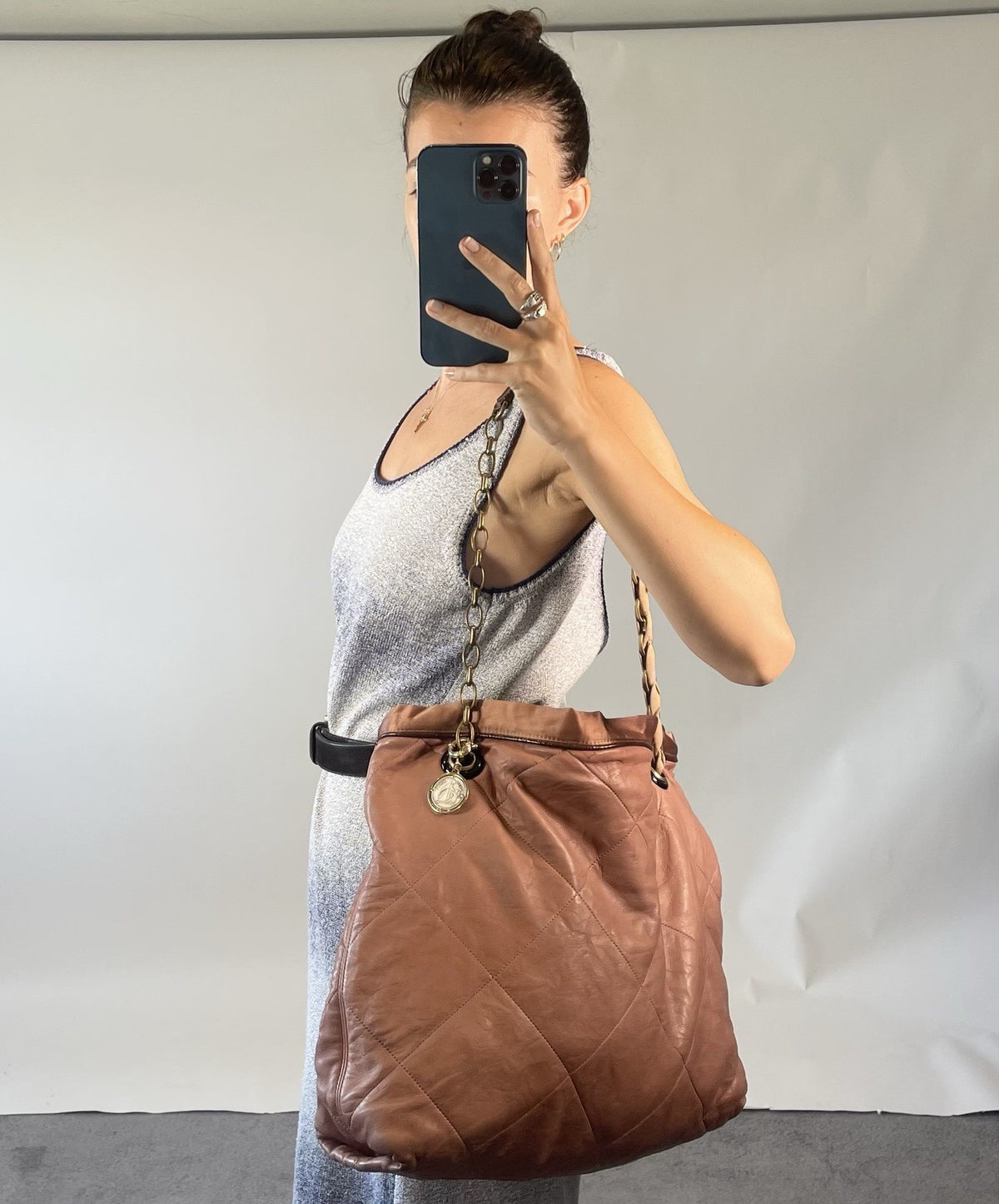 Lanvin ‘Happy Tote’ Bag Pink Beige Leather Quilted Shoulder Crossbody Chain