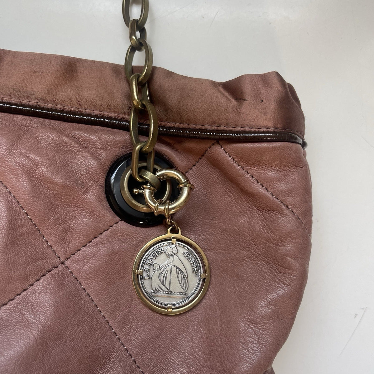 Lanvin ‘Happy Tote’ Bag Pink Beige Leather Quilted Shoulder Crossbody Chain