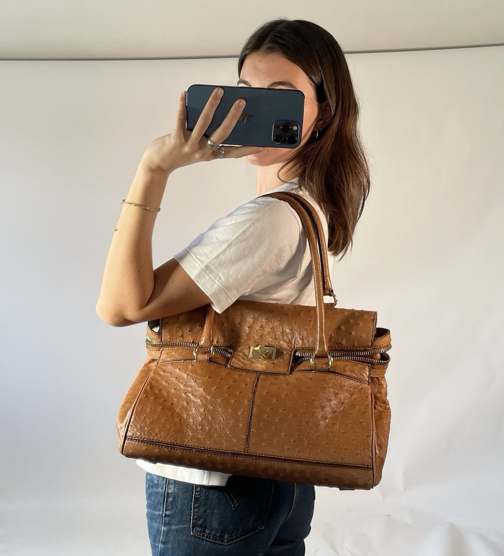 Max Mara Handbag Ostrich Leather Brown Margaux Medium Turn Lock Gold Hardware