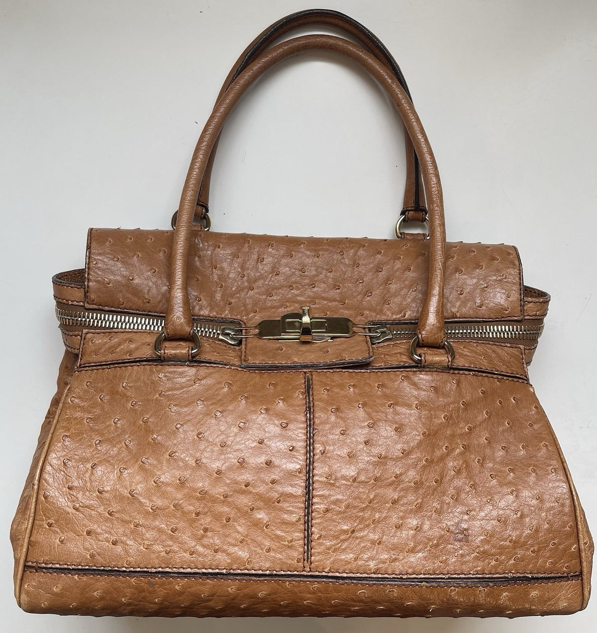 Max Mara Handbag Ostrich Leather Brown Margaux Medium Turn Lock Gold Hardware