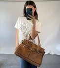 Max Mara Handbag Ostrich Leather Brown Margaux Medium Turn Lock Gold Hardware