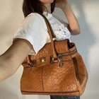 Max Mara Handbag Ostrich Leather Brown Margaux Medium Turn Lock Gold Hardware