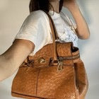 Max Mara Handbag Ostrich Leather Brown Margaux Medium Turn Lock Gold Hardware