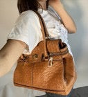 Max Mara Handbag Ostrich Leather Brown Margaux Medium Turn Lock Gold Hardware