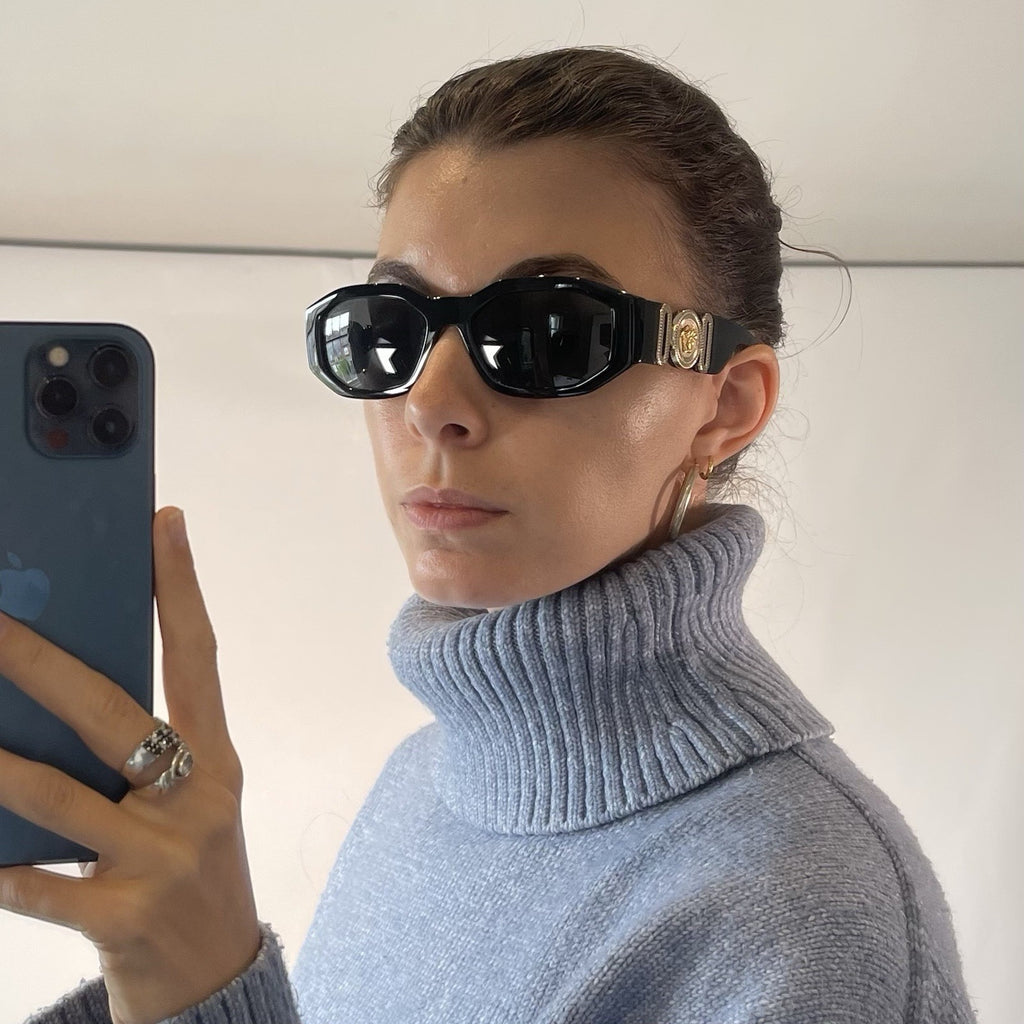 Versace Black Acetate Oval Sunglasses Gold Logo MOD 4361 GB1/87