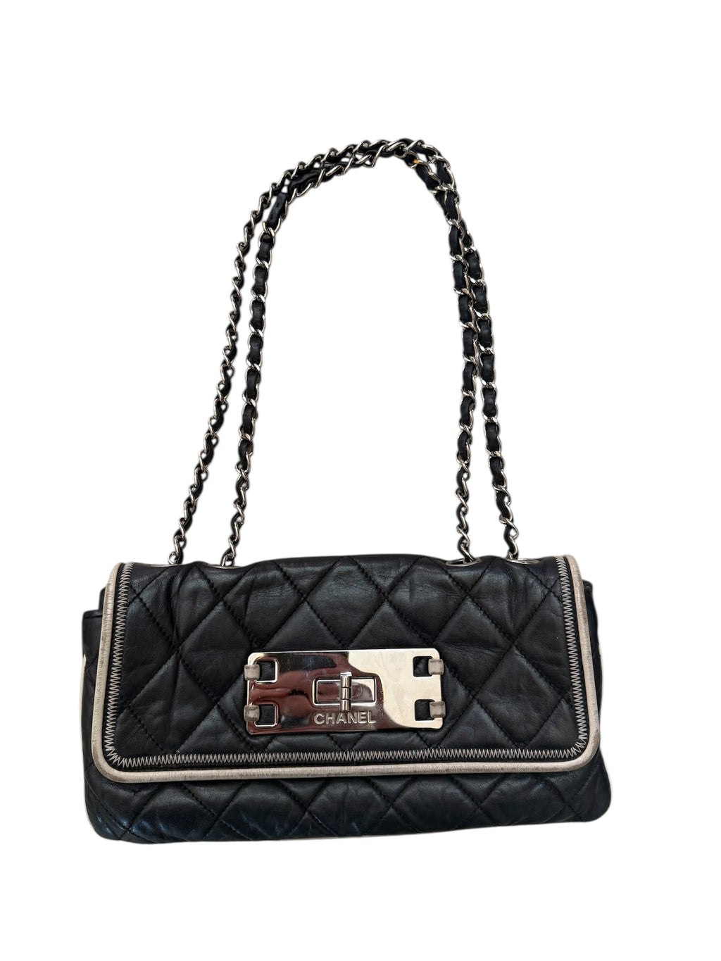 CHANEL 2008/9 Black Lambskin East West Cream Trim