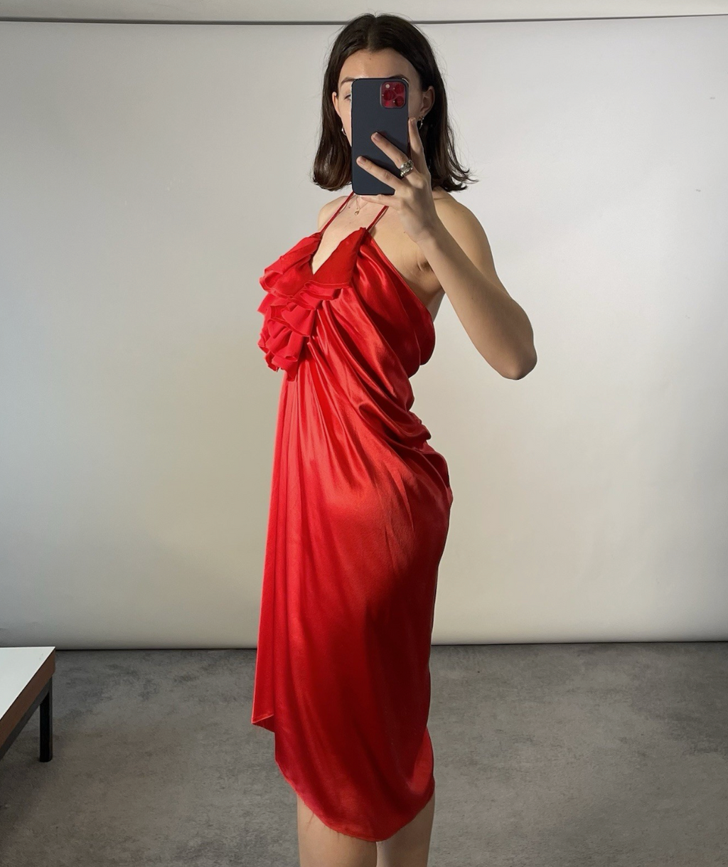 Lanvin 2008 Red Frilled Silk Dress UK 8
