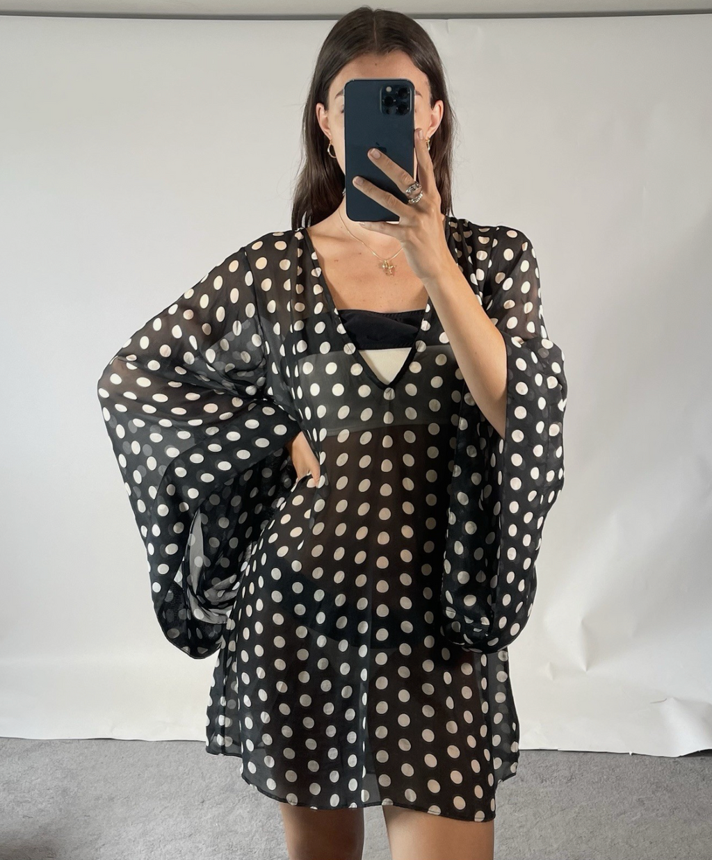 Alexandra Miro Silk Sheer Polka Dot Batwing Mini Kaftan UKM