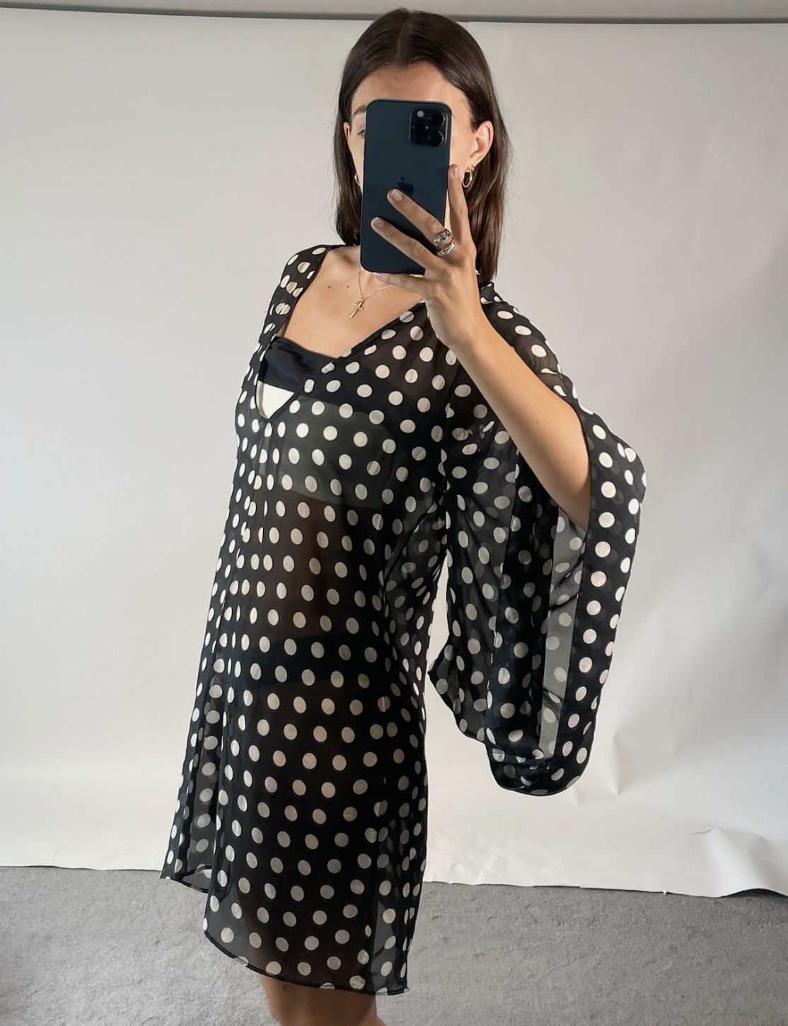 Alexandra Miro Silk Sheer Polka Dot Batwing Mini Kaftan UKM