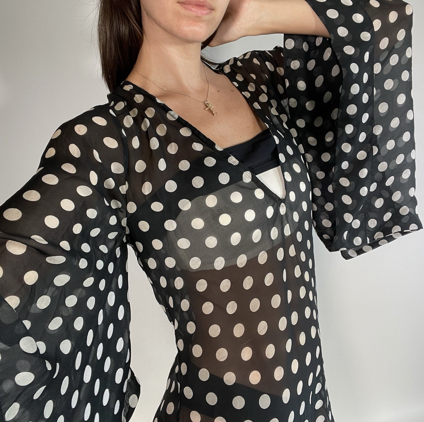 Alexandra Miro Silk Sheer Polka Dot Batwing Mini Kaftan UKM