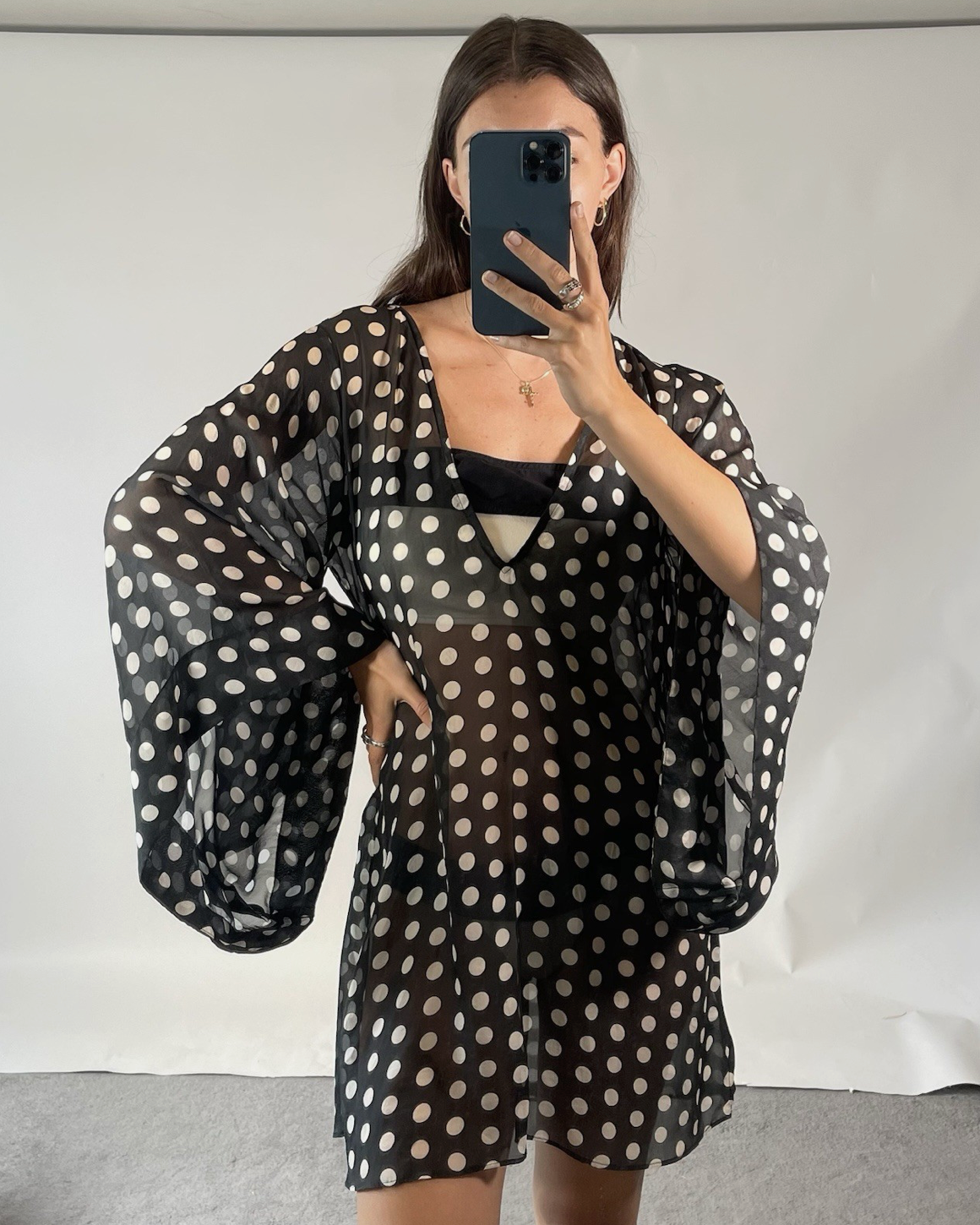 Alexandra Miro Silk Sheer Polka Dot Batwing Mini Kaftan UKM