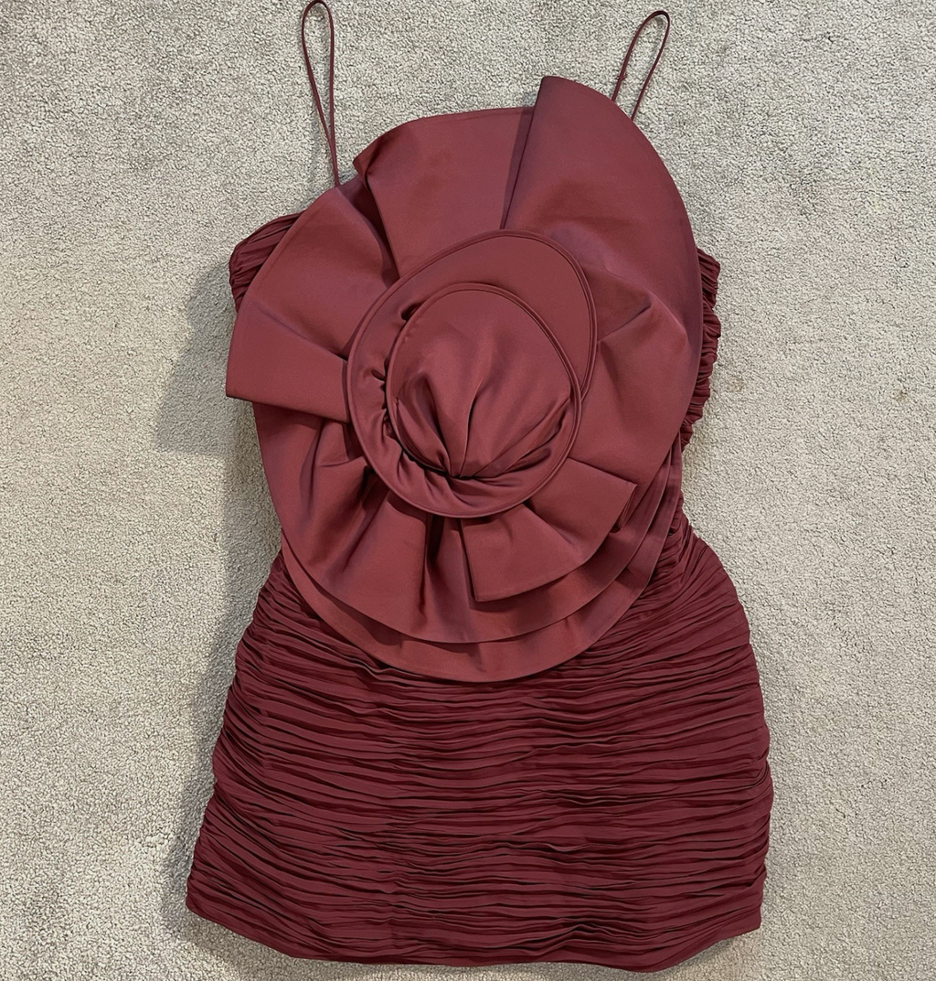 Magda Butrym x H&M Rose Appliquéd Burgundy Satin Mini Dress UK 16