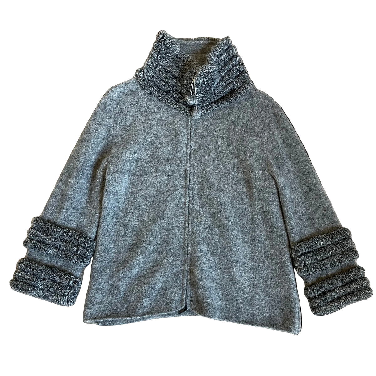 Sportmax Grey Wool and Mohair Pom Pom Zip Cardigan with Looped Collar and Cuffs