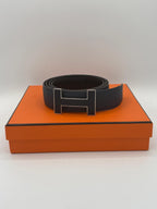 Hermes Navy Leather Belt Size 95 Navy 'Quizz' Buckle Silver Trim
