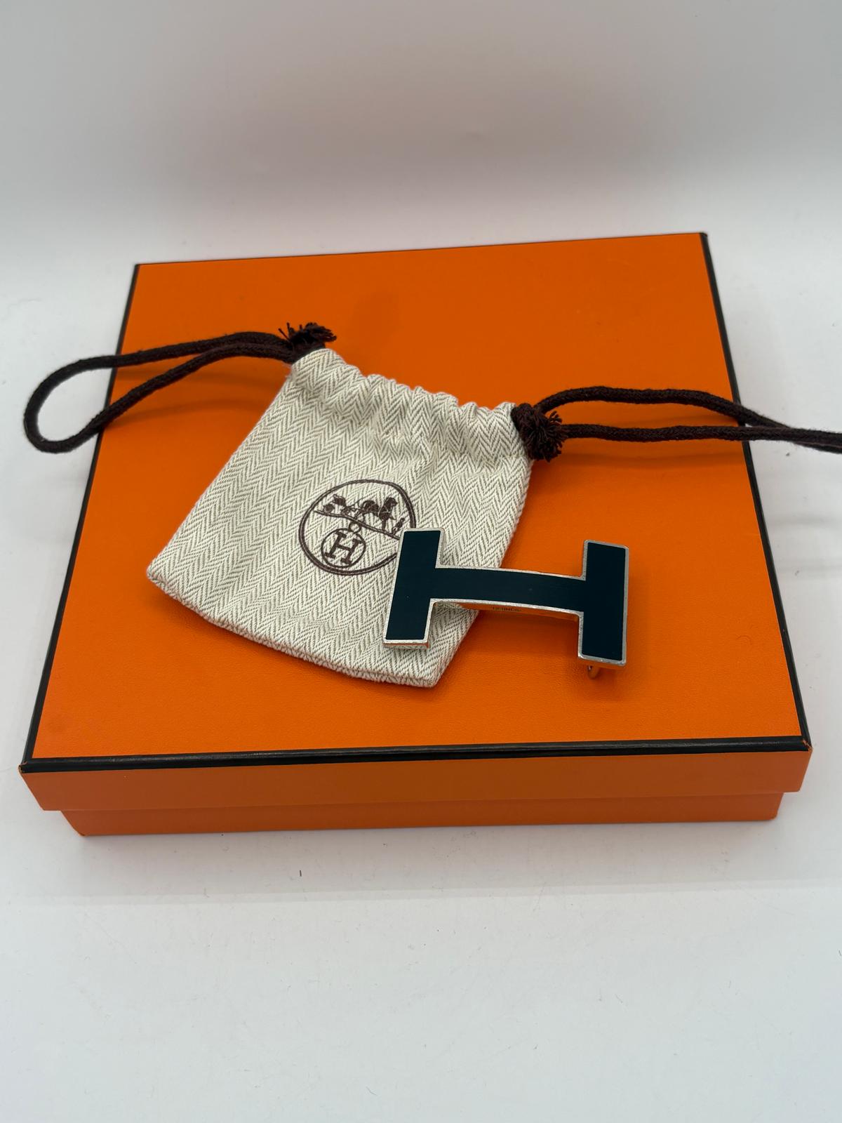 Hermes Navy Leather Belt Size 95 Navy 'Quizz' Buckle Silver Trim