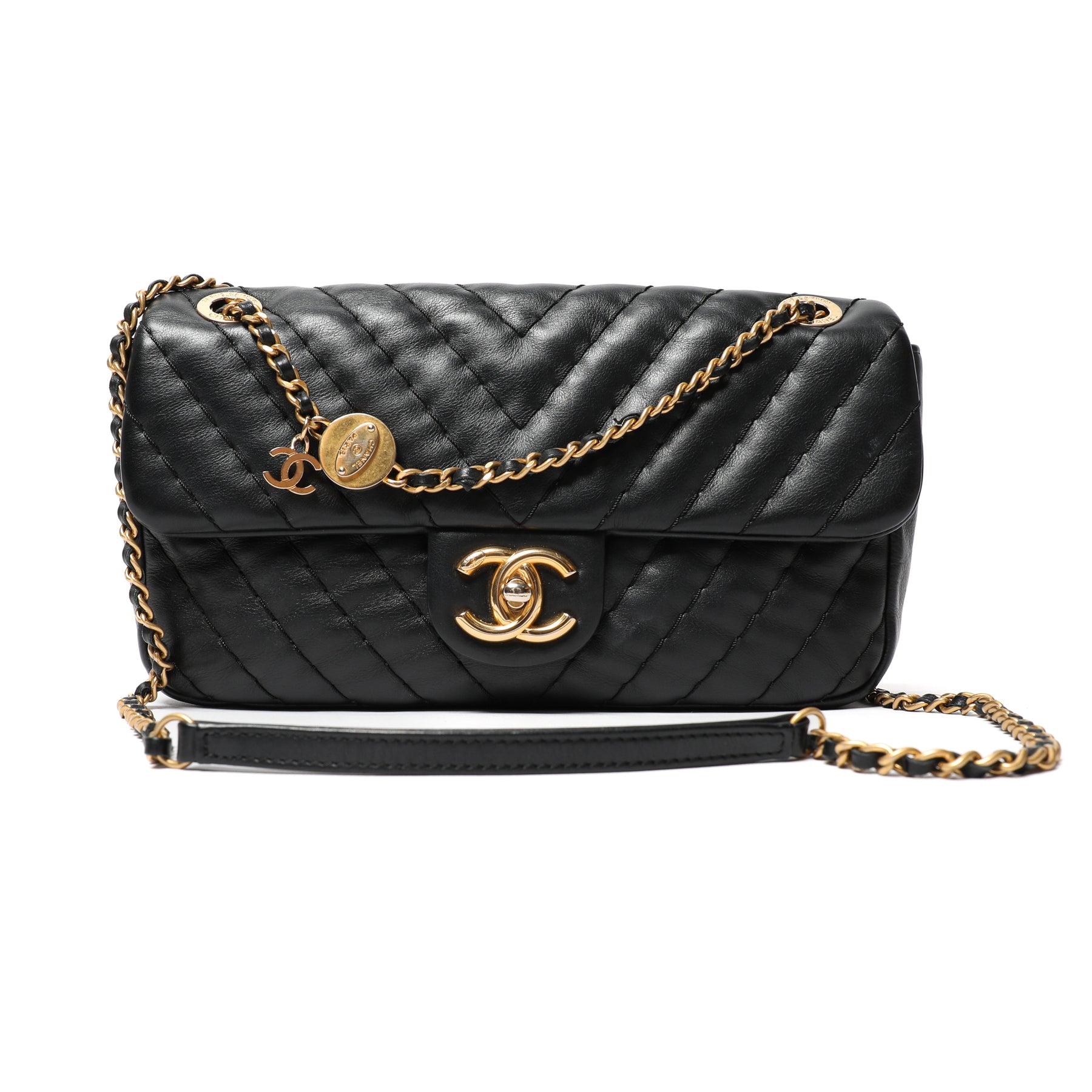 CHANEL Black V Stitch Double Flap Crossbody bag with Gold Chain